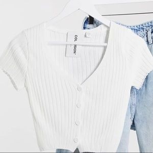 COLLUSION cropped short sleeve ribbed cardigan in white